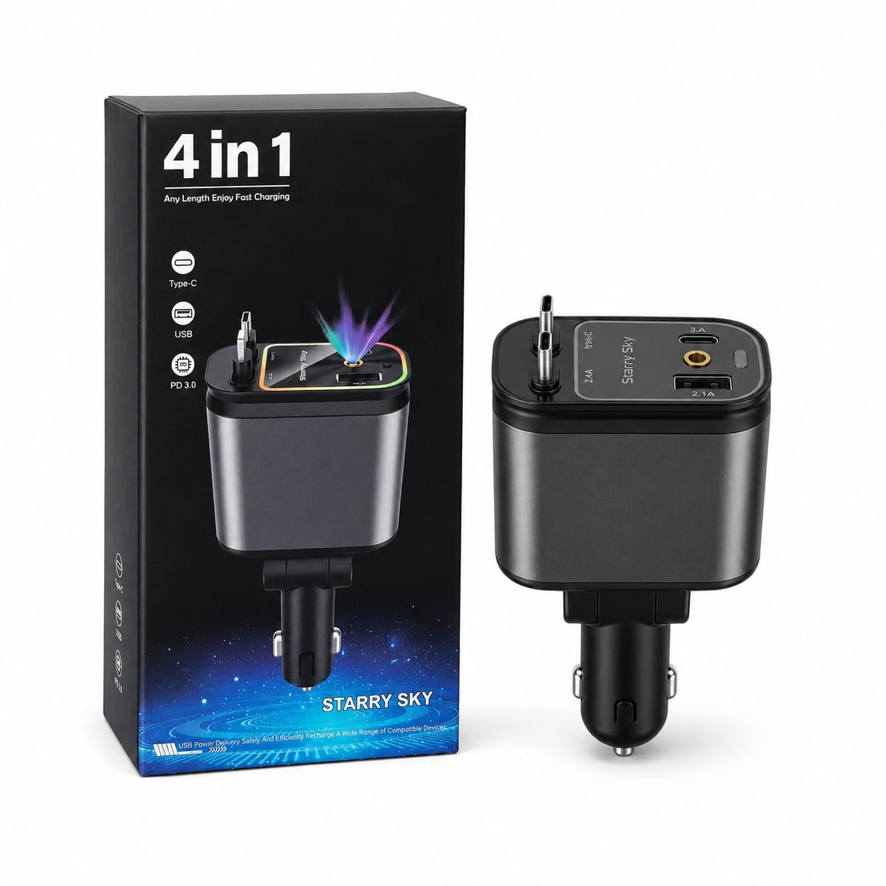 4-IN-1 Car Charger with Ambient Light 120W Fast Charge